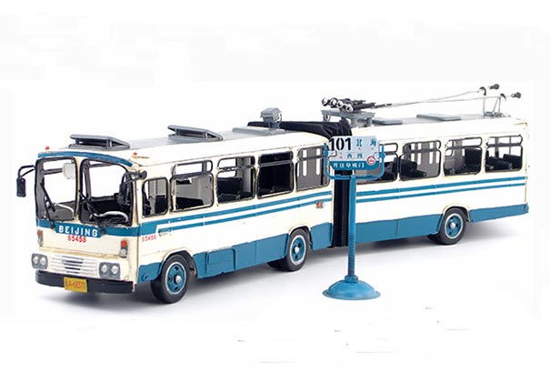 White-Blue Handmade Tinplate BeiJing NO.101 Trolley Bus Model