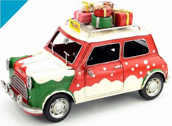 Handmade Green-Red Tinplate Christmas Mini Cooper Car Model