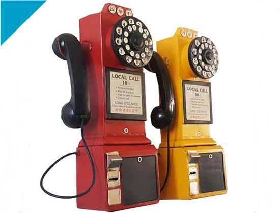 Red /Yellow Handmade Retro Tinplate Hanging Telephone Set Model