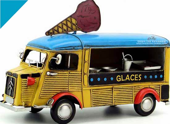 Handmade Yellow-Blue Tinplate Ice Cream Citroen Bus Model