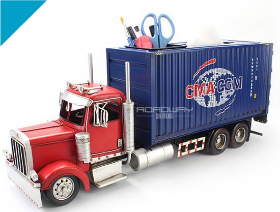 Tissue Box Red-Blue Retro CMA CGM Handmade U.S. Truck Model