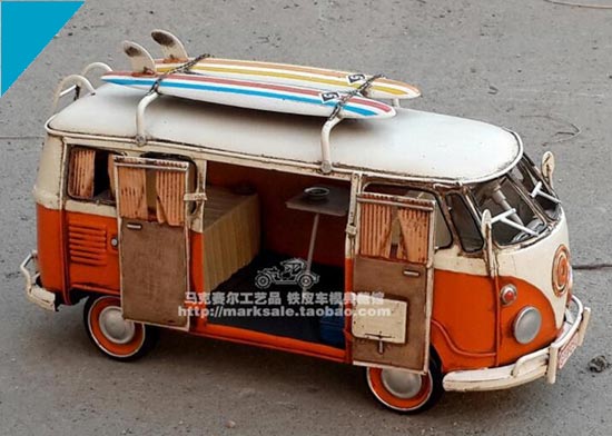 Handmade White-Orange Medium Scale VW Camper Van Model