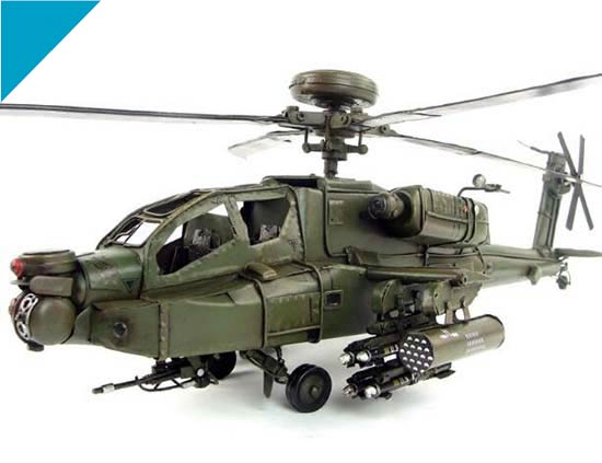 Vintage Large Army Green Tinplate 1975 Apache Armed Helicopter