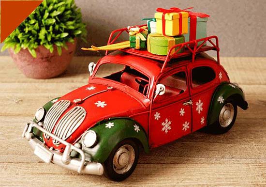 Vintage Red Christmas Gift Tinplate VW Beetle Model