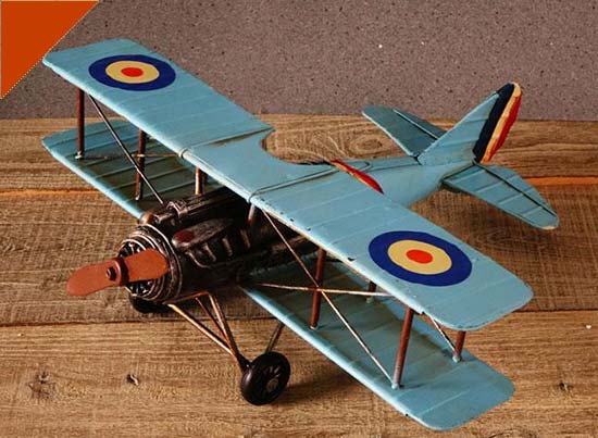Handmade Yellow / Blue Medium Scale Tinplate Biplane Model