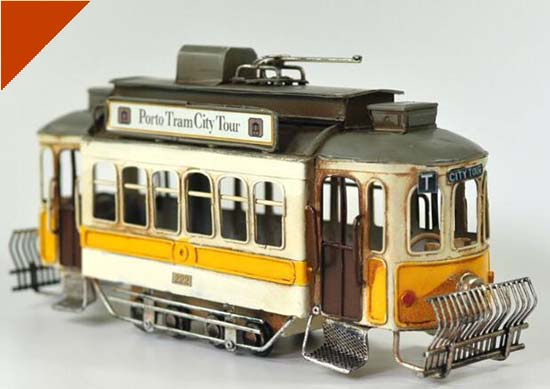 Yellow-White Medium Size Vintage Tinplate Porto Tram Model