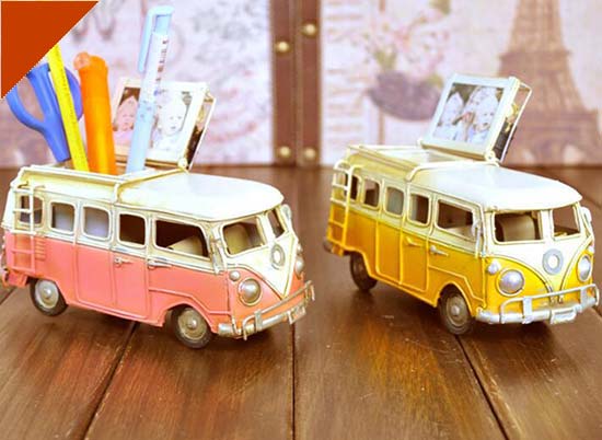 Pen Container Pink / Yellow Vintage Tinplate VW Bus Model