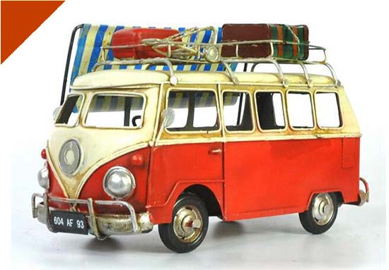 Red / Blue Medium Size Tinplate VW T1 Motor Homes Bus Model