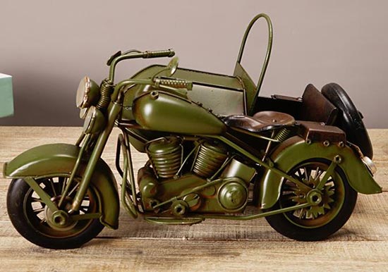 Medium Scale Vintage Army Green Handmade Tinplate Sidecar Model