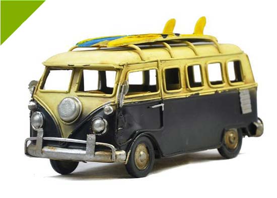 Handmade Small Scale Black / Yellow Tinplate VW Bus Model
