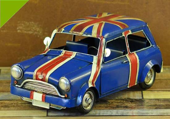Blue Retro Medium Scale Union Jack Tinplate Mini Cooper Model