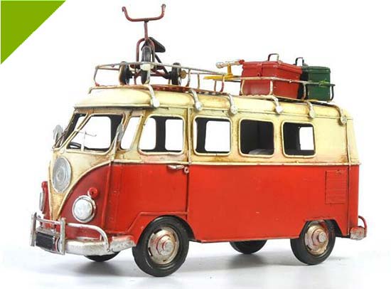 Red / Blue Medium Scale Retro Tinplate VW Camper Bus Model