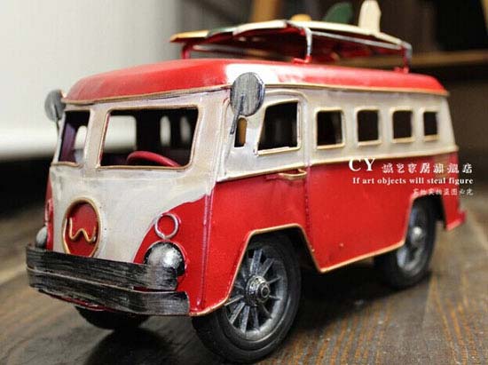 Medium Scale Red / Blue Tinplate Vintage VW Bus Model