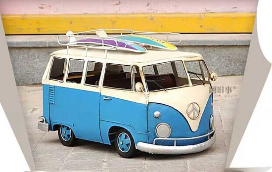 Large Scale Red / Blue Tinplate Vintage VW Bus Model