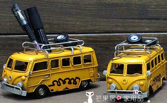 Yellow Small Scale Pen Container Tinplate Vintage VW Bus Model
