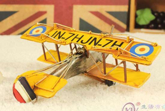 Small Scale Yellow Tinplate Vintage World War I Biplane Model