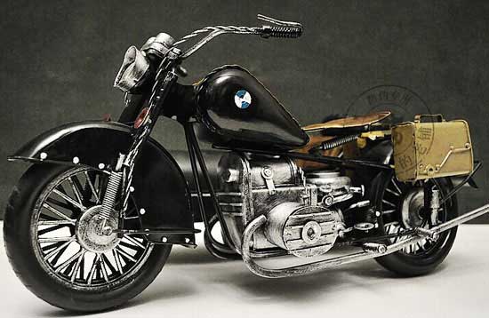 Black Large Scale Tinplate BMW R71 Three-Wheeled Motorcycle