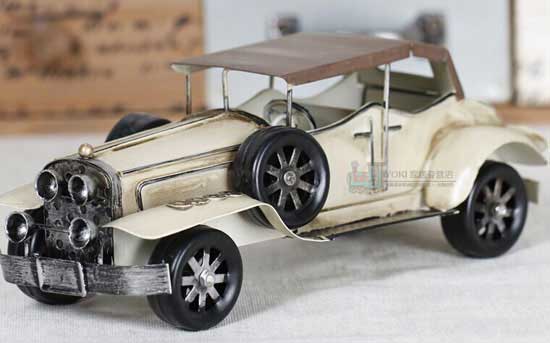 Handmade White Medium Scale Tinplate Vintage Car Model