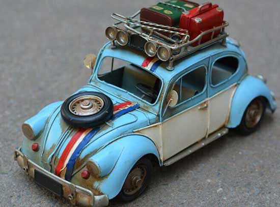 Blue Handmade Medium Scale Tinplate 1960s VW Beetle Model