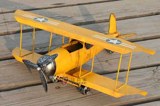 Medium Scale Tinplate Blue / Yellow Vintage Biplane Model