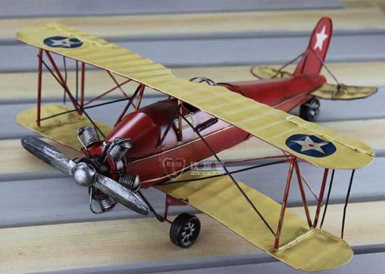 Vintage Large Scale Handmade Yellow-Red Tinplate Biplane Model
