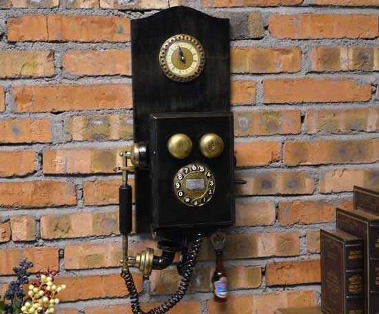Black Large Scale Handmade Clock Tinplate Telephone Set Model