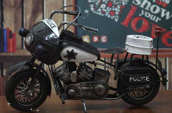 Handmade Black Medium Scale Tinplate Police Motorcycle Model