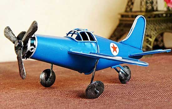 Blue Handmade Tinplate Small Scale Vintage Fighter Model