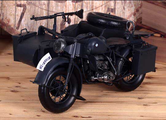 Black Large Scale Handmade Tin BMW Sidecar Motorcycle Model
