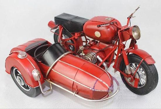 Red Medium Scale Handmade Tinplate Sidecar Motorcycle