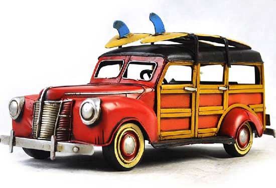 Medium Scale Handmade Red Tinplate Car Model With Surfboards