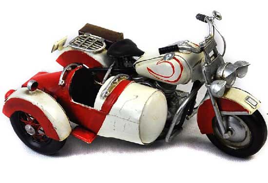 Medium Scale Handmade Red-White Tinplate Sidecar Motorcycle