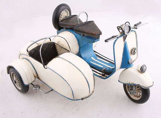 White-Blue Medium Scale Handmade Tinplate Sidecar Motorcycle
