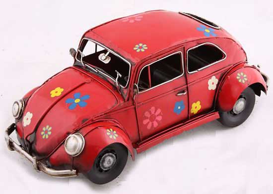 Red Handmade Medium Scale Flower Pattern Tin VW Beetle Model